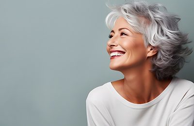 Woman pleased with her complete smile