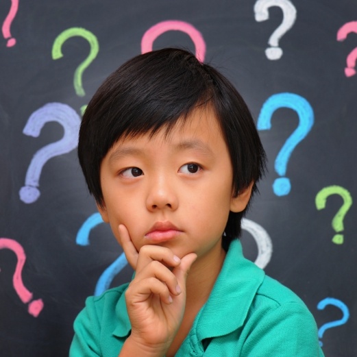 Young boy looking confused with several question marks in background