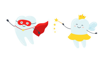 Animated tooth dressed as superhero and animated tooth dressed as a fairy